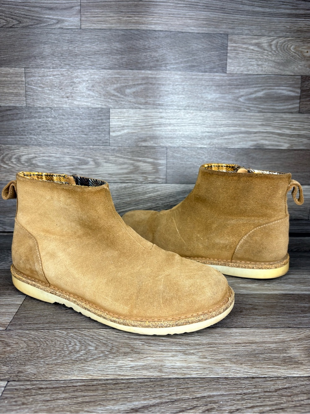 Birkenstock Melrose Tan Suede Zip Up Ankle Boot Plaid Lining Women’s Sz 40 or 9